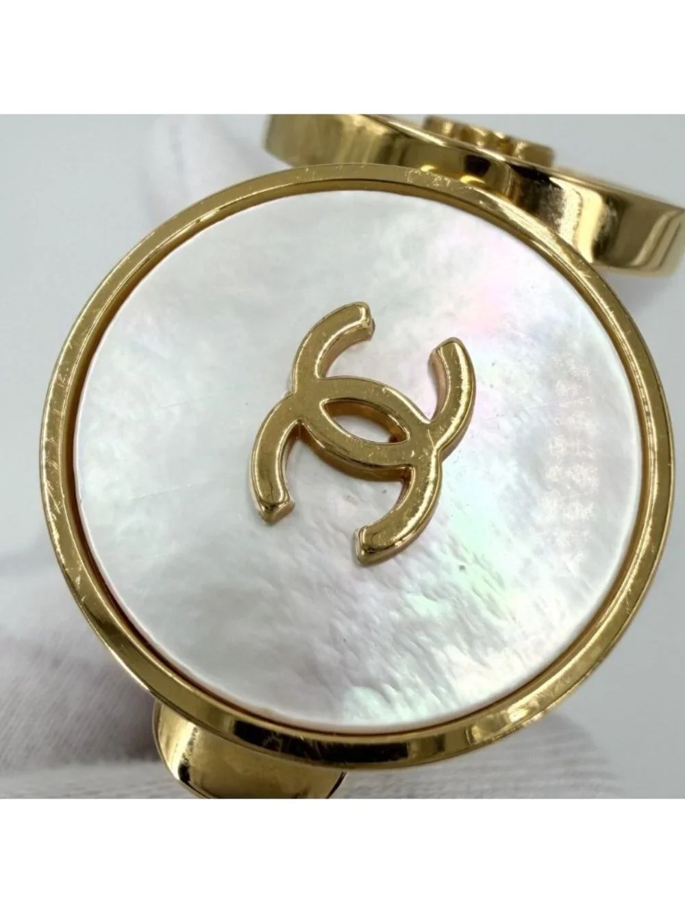 Chanel Bangle CC Logo Vintage Gold Plated White Bracelet
